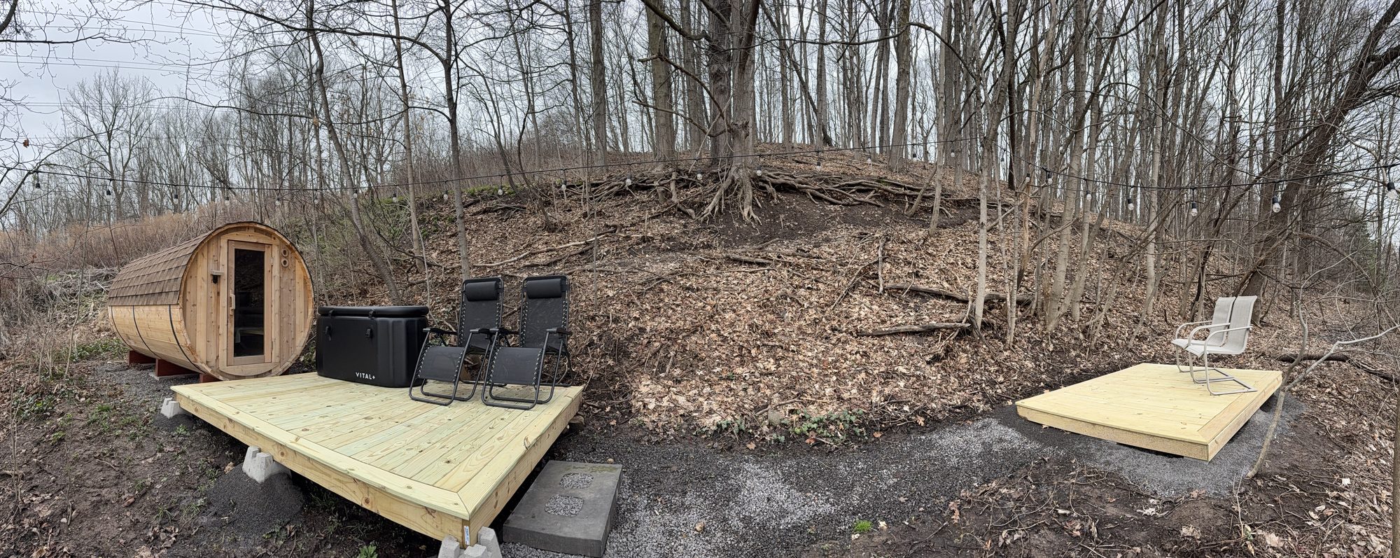 Wide view of the sauna deck